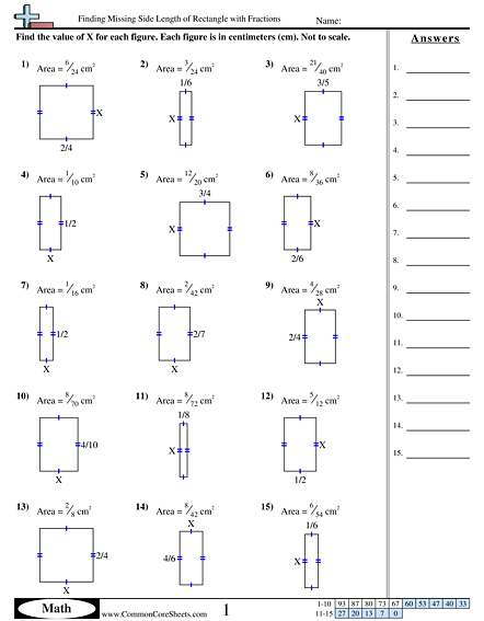Area & Perimeter Worksheets - Finding Missing Side Length of Rectangle with Fractions worksheet